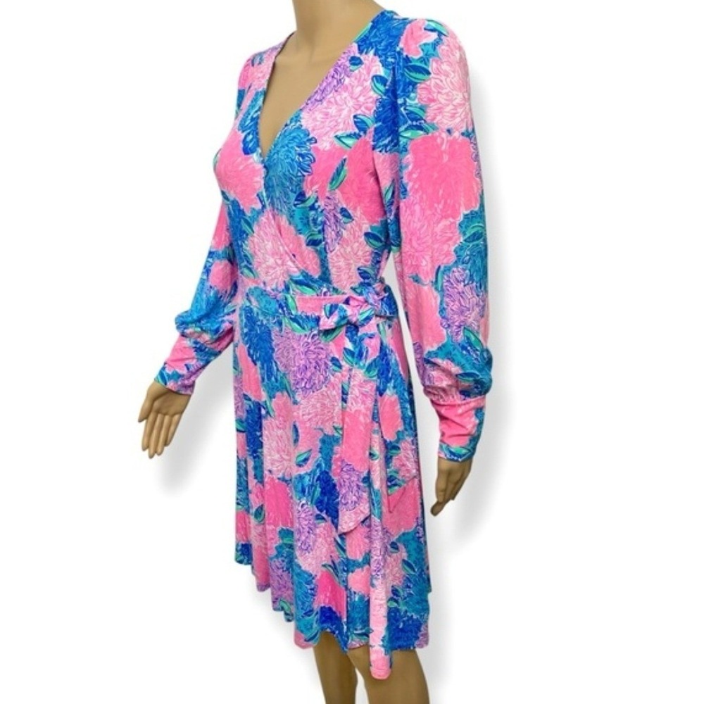 Lilly Pulitzer Wrap Dress Womens S Pink Blue Floral Long Sleeve Faux Wrap Jersey - Picture 7 of 16